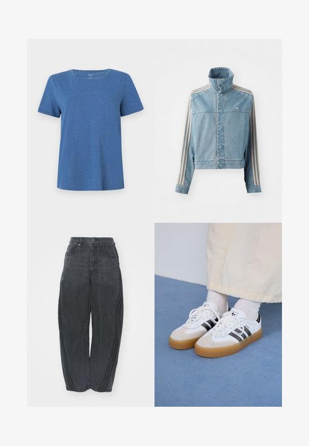 Jachetă din denim croppată, de culoare albastru deschis, cu guler înalt, fermoar frontal și trei dungi verticale bej pe fiecare mânecă. Prezintă un logo brodat.; Tricou bleu cu mânecă scurtă, realizat dintr-un material moale, cu decolteu rotund și o croială relaxată. Prezintă o textură subtilă pe întreaga suprafață a materialului.; Blugi negri largi din denim, cu un finisaj decolorat, cinci buzunare, închidere cu nasture la talie și detalii cusute pe față și pe laturi.; Adidași albi cu dungi negre și accente din suede bej. Au talpă din cauciuc texturat și șireturi albe plate, purtați cu șosete de culori deschise.