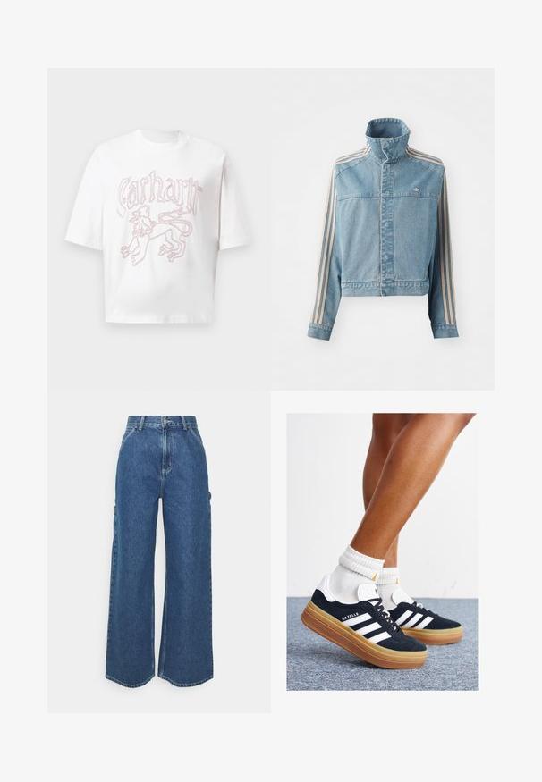 Veste en denim coupée de couleur bleu clair avec un col haut, une fermeture éclair à l'avant et trois bandes verticales beiges le long de chaque manche. Comprend un logo brodé.; T-shirt blanc à manches courtes avec un graphique de lion contouré en rouge et le texte stylisé "Carhartt" sur la poitrine.; Pantalons en denim bleu à jambes larges avec taille haute, couture contrastée et poches latérales, présentant un design classique à cinq poches et des ourlets bruts.; Baskets en daim noir avec des rayures et des accents blancs, bout arrondi, semelle extérieure en caoutchouc gomme, associées à des chaussettes blanches côtelées mi-mollet.