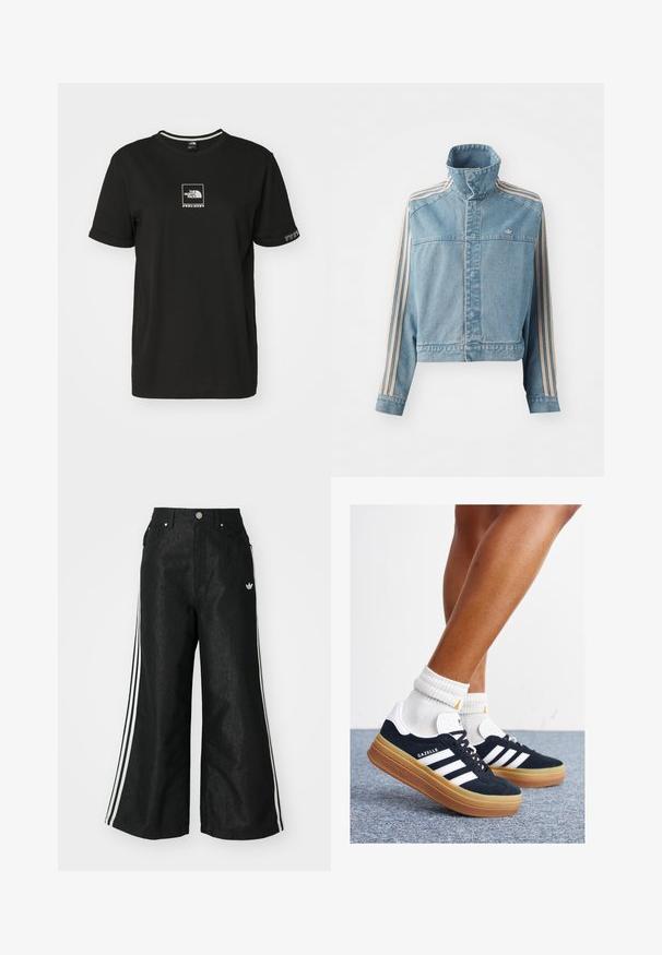 Korte spijkerjack in lichtblauw met hoge kraag, voorkant met ritssluiting en drie verticale strepen in beige langs elke mouw. Bevat een geborduurd logo.; The North Face COORDINATES TEE - T-shirt print - black; Zwarte denim broek met wijde pijpen, voorzien van drie witte strepen aan elke zijkant en een klein wit logo. Heeft voorzakken en een knoopsluiting.; Zwarte suède sneakers met witte strepen en accenten, ronde neus, gum rubberen buitenzool, gecombineerd met witte geribbelde crewkousen.
