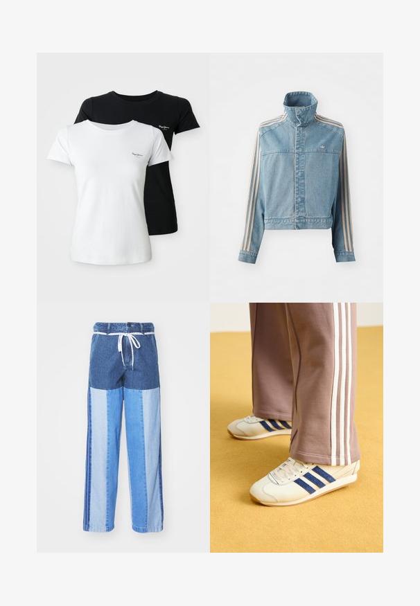 Šviesiai mėlynas supjaustytas džinsinis švarkas su aukštu apykakle, priekyje užtrauktuku ir trimis vertikaliomis kreminėmis juostelėmis ant kiekvienos rankovės. Papuoštas išsiuvinėtu logotipu.; Du kelnių trumpomis rankovėmis marškinėliai, vieni balti, kiti juodi, kiekvieni su mažu siuvinėtu logotipu kairiajame krūtinės šone.; Mėlyni džinsiniai aptiniai su įvairių atspalvių mėlyno audinio intarpais, su tamprių juosmeniu ir laisvais, tiesiais kirpimais.; Kreminės sportinės bateliai su mėlynos nubuko juostelėmis, baltos raišteliais ir guminėmis padangomis. Sukomplektuota su pilkomis sportinėmis kelnėmis, turinčiomis baltas šonines juosteles.