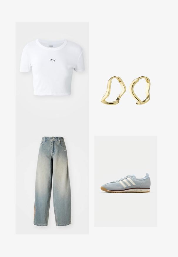 Skrajšan denim jakna v svetlo modri barvi z visokim ovratnikom, sprednjim zadrgo in tremi vertikalnimi črtami v bež obarvanju vzdolž vsakega rokava. Ima vezeno logo.; Bela kratka majica s kratkimi rokavi iz rebraste tkanine. Opremljena z diskretnim črnim logotipom na sredini prsnega dela, okroglim izrezom in oprijetim dizajnom.; Svijetloplavi traper široki traperice sa izblijedjelim završetkom. Ima prednje džepove, zatvaranje na dugme i diskretan logotip na pojasu.; Svetlo modri semiš copati s belimi tremi črtami, gumijastim podplatom in teksturirano mrežico. Imajo gladek pokrov prstov in blagovno znamko na peti.; Zlate uhane v obliki obroča z valovito, tekočo zasnovo. Gladka tekstura, odprta oblika in brez vidnih zaponk. Minimalističen in modern videz.
