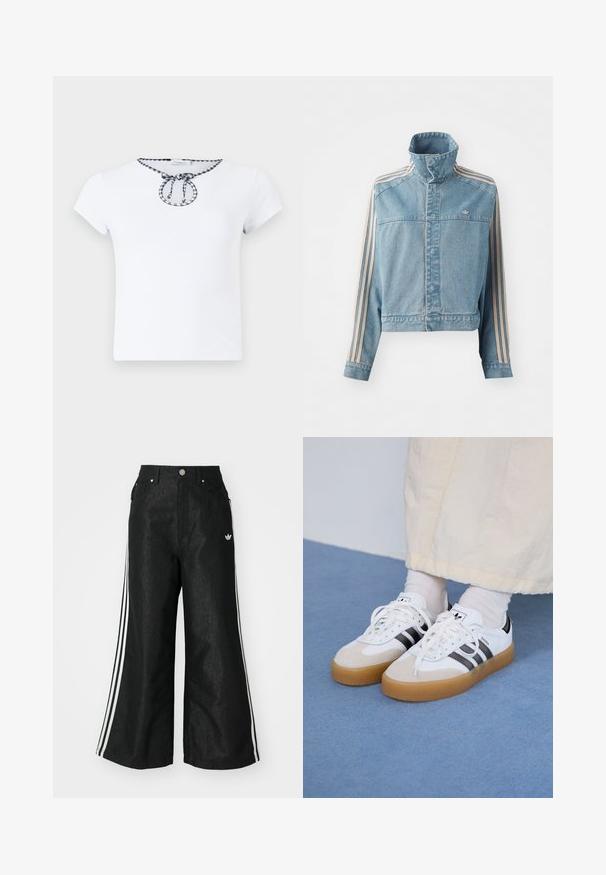 Lysblå, cropped denimjakke med høj krave, forkning, og tre vertikale striber i beige langs hver ærme. Har et broderet logo.; Hvid t-shirt med korte ærmer, der har en rund halsudskæring med en sort-hvid ternet snordetalje ved kraven. Blød stoftekstur.; Sorte vide denim bukser med tre hvide striber på hver side og et lille hvidt logo. Indeholder forlommer og en knaplukning.; Hvide sneakers med sorte striber og beige ruskindsdetaljer. Har en tekstureret gummisål og flade hvide snørebånd, båret med lyse sokker.