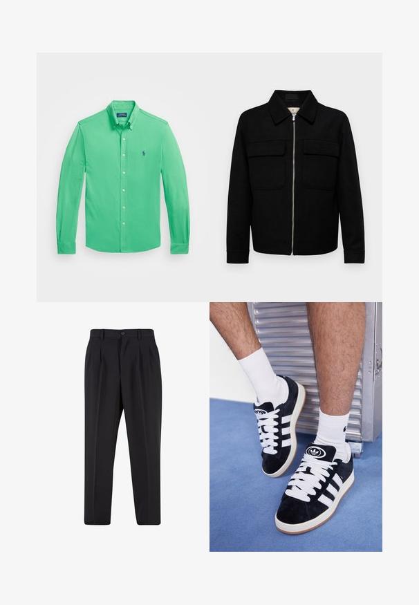 Črna volnena jakna s ovratnikom, sprednjim zadrgo, dvema žepoma na prsih in dolgimi rokavi. Gladka tekstura s prilegajočim krojem.; Polo Ralph Lauren FEATHERWEIGHT SHIRT - Srajca - classic kelly; Črne hlače z nabranim sprednjim delom, narejene iz gladkega materiala. Imajo gumbasto zapiranje in zanke za pas; ravne hlačnice.; Črne semiš teniske z belimi vezalkami in tremi belimi črtami. Imajo okroglo črno oznako na jezičku in gumijast podplat.