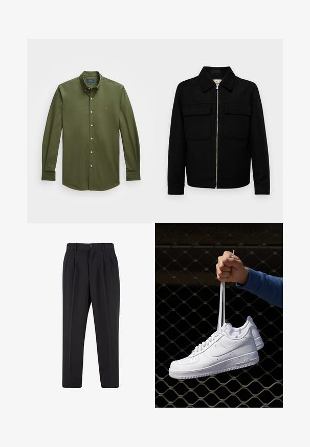 Must musta jakk, millel on krae, ees lukuga sulgemine, kaks rinna taskut ja pikad varrukad. Sile tekstuur ja kohandatud lõige.; Olive rohelise värvi meeste pikkade varrukatega nööpidega särk, nööpidega kaelusega ja punase brodeeritud Polo Ralph Laureni logoga rinnal.; Mustad püksid, millel on voltidega eesmine disain, valmistatud siledast kangast. Omab nup closure ja vöökinnitusauke; sirge jalgade lõige.; Valged nahast tennisetossud, millel on perforatsioonid, ümar nina, lame tallus ja paksud nöörid, nähtava swooshi logoga ja "AIR" kontsadel.