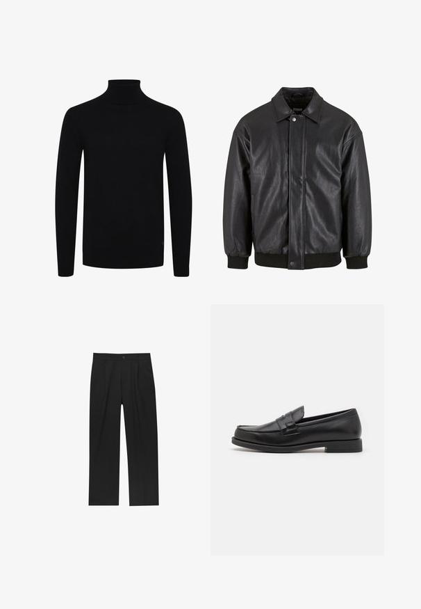 Zwarte leren jas met een kraag, sluiting met drukknopen aan de voorkant en ribgebreide manchetten. Glad textuur met een iets losser ontwerp.; Zwarte coltrui, lange mouwen, geribde kraag en zoom, gemaakt van glad gebreid materiaal, voorzien van een subtiel logo aan de onderzijde.; Zwarte broeken met een recht model, gemaakt van een gladde stof. Voorzien van een voorplooien en een enkele knoopsluiting bij de taille.; Zwarte leren instappers met een slank ontwerp, afgeronde neus, gestikte details en een lage blokhak. Gladde textuur en minimale accenten.