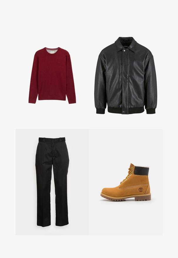 Čierna kožená bunda s golierom, predným zapínaním na cvoky a rebrovanými manžetami. Hladká textúra s mierne voľným strihom.; Burgundský sveter s okrúhlym výstrihom vyrobený z mäkkej tkaniny. Dlhé rukávy a rebrované manžety s malým logom na hrudi. Hladká textúra.; Čierne nohavice vyrobené z hladkej tkaniny, s rovnými nohavicami, pútka na opasok a dvoma bočnými vreckami. Klasický vzhľad bez ozdôb.; Hnedé kožené ankle boot s kovovými očkami, bielym kožúškom vo vnútri, čiernym vypolstrovaným golierom, robustnou podrážkou a vyrazeným logom na boku.
