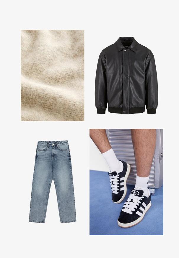 Giacca in pelle nera con collo a giro, chiusura frontale a bottoni a pressione e polsini a coste. Texture liscia con un design leggermente oversize.; Tessuto di lana beige chiaro con una consistenza morbida e pelosa, caratterizzato da un sottile motivo a spina di pesce e leggere variazioni di colore.; Jeans in denim azzurro chiaro con taglio a gamba dritta, cuciture visibili, design a cinque tasche e chiusura a bottoni in vita.; Sneakers in suede nero con lacci bianchi e tre strisce bianche. Presentano un logo circolare nero sulla linguetta e una suola in gomma color gomma.