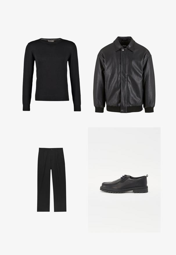 Schwarz Lederjacke mit Kragen, vorderer Druckknopfverschluss und gerippten Bündchen. Glatte Textur mit einem leicht lockeren Schnitt.; Schwarzer Strickpullover mit langen Ärmeln, Rundhalsausschnitt und gerippten Bündchen und Saum. Glatte Textur und taillierte Passform.; Schwarze Hose mit geradem Schnitt, aus einem glatten Stoff gefertigt. Verfügt über Vorderfalten und einen einzelnen Knopfverschluss an der Taille.; Schwarze Schnürschuhe aus Leder mit rund zulaufender Spitze, strukturierter Sohle und erhöhten Nähten entlang der Kanten. Schlichtes Design ohne Muster oder Verzierungen.