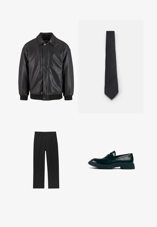Černá kožená bunda s límcem, předním zapínáním na cvoky a žebrovanými manžetami. Hladký povrch s lehce volným střihem.; Bílá košile na knoflíky s dlouhými rukávy, vyrobená z hladké bavlněné tkaniny, s klasickým límcem a jemným leskem. Pět knoflíků vpředu.; Černé kalhoty s rovnými nohavicemi, vyrobené z hladké tkaniny. Mají přední záhyby a jedno knoflíkové zapínání v pase.; Kožené mokasíny v tmavě zelené barvě s hladkým povrchem. Mají šitý detail na špičce a texturovanou gumovou podrážku pro lepší přilnavost.; Úzká černá kravata s texturovaným, diagonálním žebrováním. Má špičatý konec a hladký povrch. Vhodná pro formální nošení.