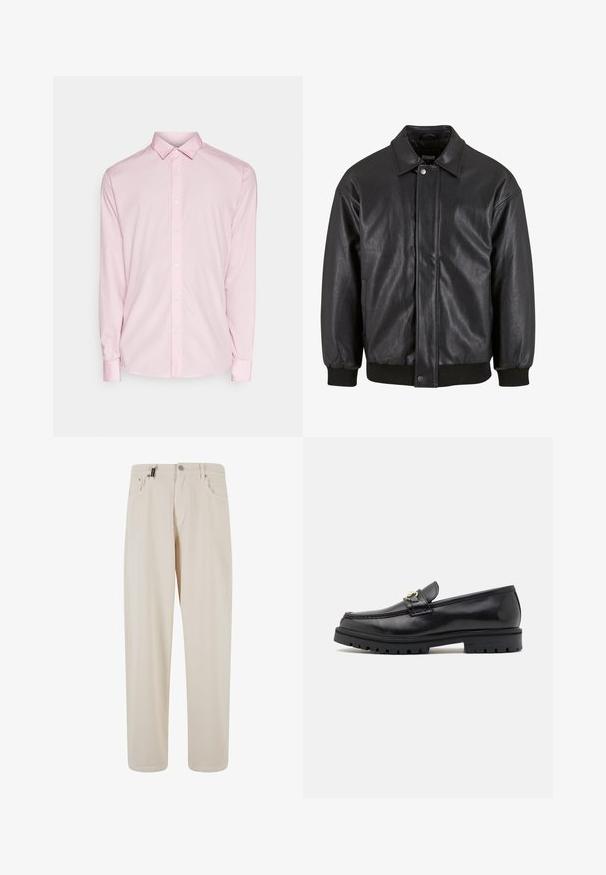 Melnas ādas jakas ar apkakles izvietojumu, priekšējo snap slēgšanu un ribotu aproču. Gluda tekstūra ar nedaudz brīvu piegriezuma dizainu.; Gaiši rozā garām piedurknēm krekls ar atpogājamu apkakli, priekšējiem pogām un aprocēm. Gluda auduma tekstūra ar klasisku dizainu.; Bēša kokvilnas bikses ar taisnu kāju dizainu, kurām ir priekšējās kabatas un pogu aizdare. Gluda tekstūra ar minimālu apdari.; Melnas ādas loafer kurpes ar gludu virsmu, apaļu purngalu, dekoratīvu siksniņu ar zeltītiem elementiem un cietu melnu zoli.