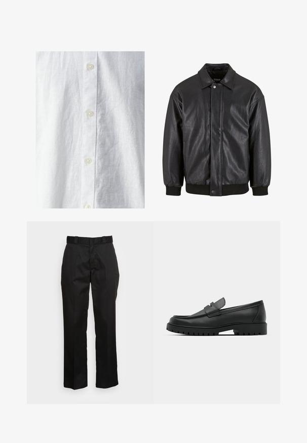 Schwarz Lederjacke mit Kragen, vorderer Druckknopfverschluss und gerippten Bündchen. Glatte Textur mit einem leicht lockeren Schnitt.; Weißes Leinenhemd mit strukturierter Oberfläche, ausgestattet mit einer Knopfleiste auf der Vorderseite und drei sichtbaren Knöpfen. Klassisches Design ohne Muster.; Schwarze Hose aus einem glatten Stoff, mit einem geraden Bein Design, Gürtelschlaufen und zwei Seiten Taschen. Klassischer Look ohne Verzierungen.; Schwarze Lederloafer mit runder Zehenform, ausgestattet mit einem gesteppten Design, niedrigem Plattformsohle und einer strukturierten, genoppten Gummisohle.