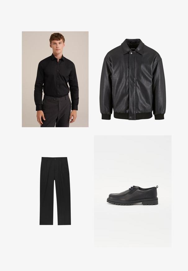 Zwarte leren jas met een kraag, sluiting met drukknopen aan de voorkant en ribgebreide manchetten. Glad textuur met een iets losser ontwerp.; Zwarte, langemouwen shirt met een button-down kraag en knopen aan de voorkant, gemaakt van een gladde stof, gecombineerd met een patroon van donkere broek.; Zwarte broeken met een recht model, gemaakt van een gladde stof. Voorzien van een voorplooien en een enkele knoopsluiting bij de taille.; Zwarte leren schoenen met een ronde neus, textuurstiksels, een laag profiel ontwerp en een rubberen zool met diepe profielen voor grip.