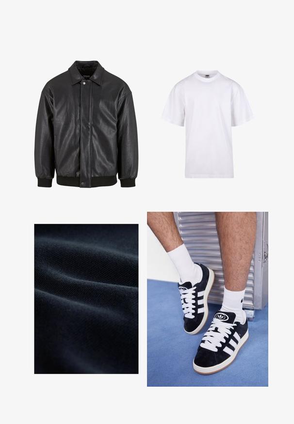 Giacca in pelle nera con collo a giro, chiusura frontale a bottoni a pressione e polsini a coste. Texture liscia con un design leggermente oversize.; T-shirt bianca in cotone con scollatura a girocollo, maniche corte e vestibilità rilassata. Presenta un design semplice senza motivi o accenti.; Tessuto navy con una lavorazione textured, che mostra morbide pieghe e una finitura liscia, riflettendo la luce in modo sottile.; Sneakers in suede nero con lacci bianchi e tre strisce bianche. Presentano un logo circolare nero sulla linguetta e una suola in gomma color gomma.