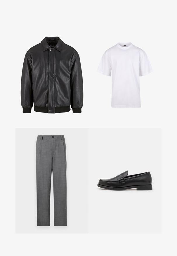 Juodas odinis švarkas su apykakle, priekyje užsegamas užsegimu ir raštinės rankovėmis. Lygus paviršius su šiek tiek laisvesniu dizainu.; Balta medvilnės marškinėliai su apvaliu iškirpimu, trumpomis rankovėmis ir laisvu siluetu. Turi paprastą dizainą be raštų ar akcentų.; Pilkos pritaikytos kelnės su subtiliu dryžuotu raštu, priekinis mygtuko užsegimas ir tiesaus kirpimo dizainas. Nėra matomų kišenių.; Juodi odiniai loaferiai, pasižymintys elegantišku dizainu, su apvaliu pirštu, siuvinėjimais ir žemu blokuotu kulnu. Sklandžią struktūrą ir minimalias akcentus.