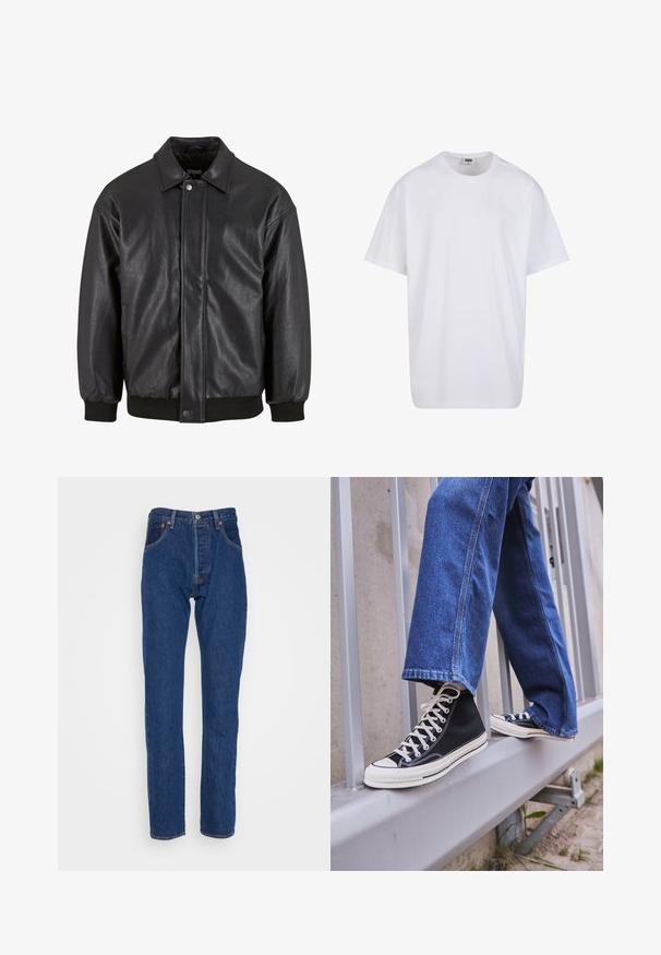 Črna usnjena jakna s ovratnikom, sprednjim zapiranjem na pritisni gumb in rebrastimi manšetami. Gladka tekstura z rahlo ohlapnim krojem.; Bela bombažna majica s kratkimi rokavi, okroglim izrezom, sproščenim krojem in brez vidnih logotipov ali vzorcev. Gladka tekstura in minimalen dizajn.; Levi's® 501® '93 STRAIGHT - Ravne kavbojke - the fillmore; Črne visoke teniske z belim podplatom in vezalkami, v kombinaciji z ohlapnimi modrimi džinsom, naslonjene na sivo ograjo.
