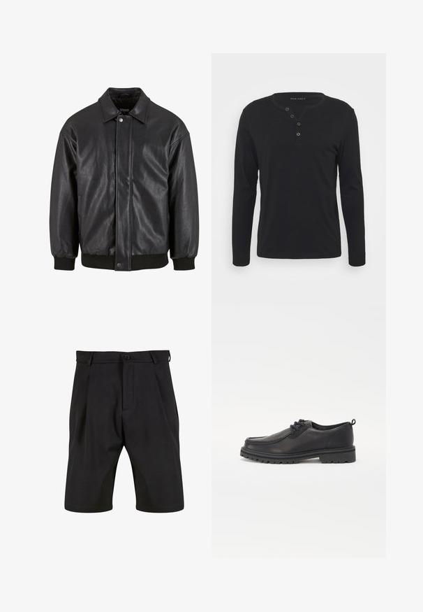 Schwarz Lederjacke mit Kragen, vorderer Druckknopfverschluss und gerippten Bündchen. Glatte Textur mit einem leicht lockeren Schnitt.; Schwarzes Langarm-Henley-Shirt aus weichem Stoff, mit knöpfbarer Leiste, rundem Ausschnitt und enganliegenden Ärmeln.; Schwarze Shorts aus einem glatten Stoff mit einem maßgeschneiderten Design, ausgestattet mit einem knöpfbaren Verschluss vorne, Falten und Seitentaschen.; Schwarze Lederschuhe mit runder Zehenform, strukturiertem Nähen, flachem Design und Gummisohle mit tiefem Profil für bessere Bodenhaftung.