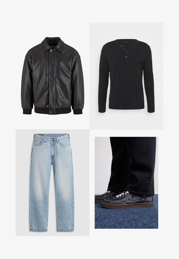 Czarna skórzana kurtka z kołnierzykiem, z przodu zapinana na zatrzaski oraz z żebrowanymi mankietami. Gładka struktura i delikatnie luźny krój.; Czarna, długosleeveowa koszula henley wykonana z miękkiego materiału, z zapięciem na guziki, okrągłym dekoltem i dopasowanymi rękawami.; Jasnoniebieskie dżinsy o prostym kroju z pięcioma kieszeniami, metalowym zapięciem na guziki oraz przecieraniami na udach i kolanach, ułożone na białym tle.; Nike Sportswear KILLSHOT czarny