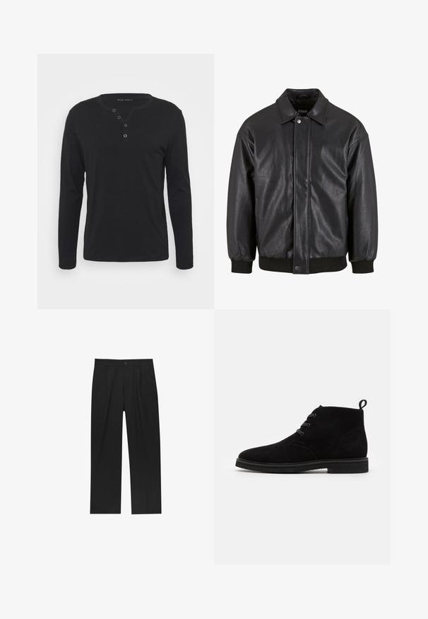 Črna usnjena jakna s ovratnikom, sprednjim zapiranjem na pritisni gumb in rebrastimi manšetami. Gladka tekstura z rahlo ohlapnim krojem.; Črna dolga majica s kratkimi rokavi henley iz mehkega blaga, ki ima gumbasto zaponko, okroglo ovratnico in oprijete rokave.; Črne hlače z ravnim krojem, narejene iz gladkega materiala. Imajo sprednje gube in enojno zaponko na pasu.; Črne semiš gležnjarje z zaobljenim nosom, dvema luknjama za vezalki in majhno zanko na hrbtni strani. Flat gumijast podplat.