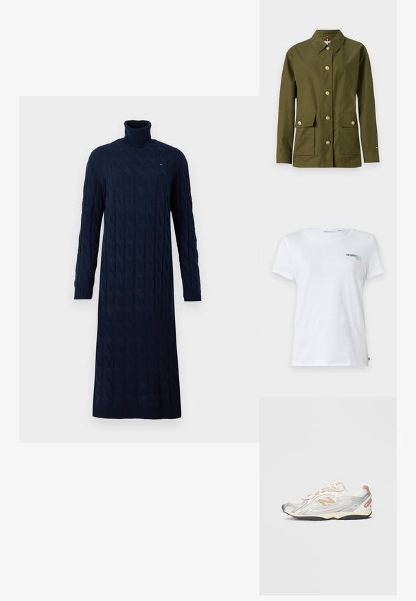 Olivengrøn jakke med krave, syv guldknapper, to forlommer og lige snit. Fremstillet af glat, letvægtsstof.; Hvid bomulds t-shirt med korte ærmer, der har "SUMMER CLUB" broderet i teal og grøn på venstre brystområde. Klassisk rund halsudskæring.; Mørkeblå, langærmet kabelstrik turtleneck kjole med ribbet manchetter og kant, med et lille logo på brystet.; Sportsko i let grå med sølv accenter, mesh-overdel, beige detaljer og sort gummisål. Har snørebånd og polstret krave.