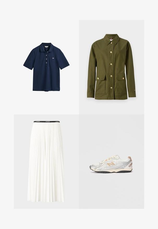 Jachetă verde măslinie cu guler, șapte butoane aurii, două buzunare frontale și croială dreaptă. Fabricată dintr-un material neted și ușor.; Tricou polo bleumarin din bumbac, având un guler clasic, placket cu trei nasturi și un mic logo brodat pe piept.; Fustă plisată albă cu un brâu elastic negru, având logo-ul "LACOSTE". Design de lungime medie, cu textură moale.; Tenis sportiv în gri deschis cu accente argintii, superior din plasă, detalii bej și talpă din cauciuc negru. Dispune de șireturi și guler căptușit.