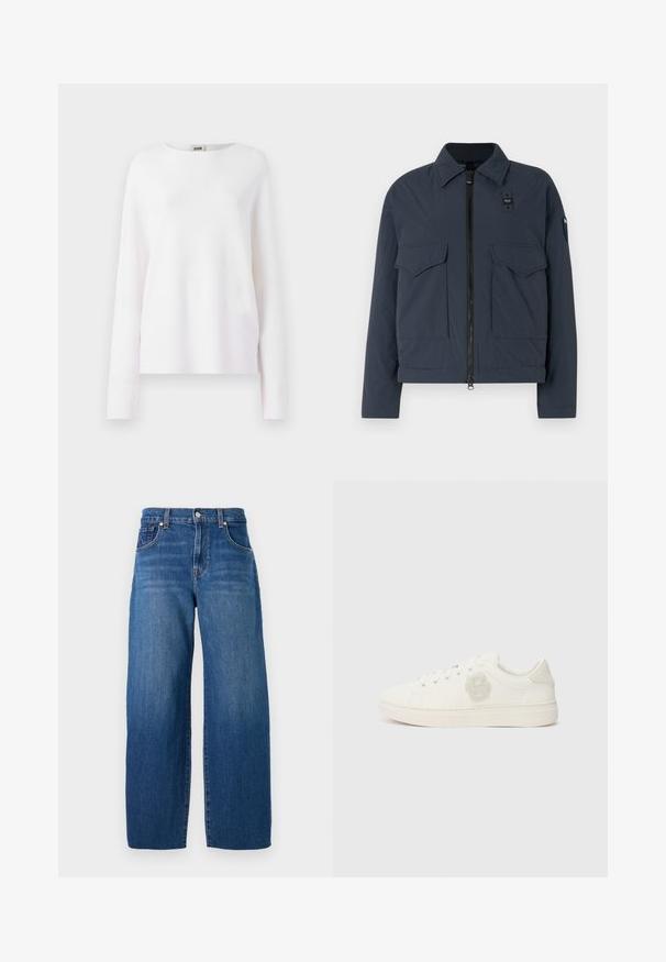 Marineblaue Jacke aus strukturierter Stoffqualität, mit einem Reißverschluss, zwei Fronttaschen und einem Stehkragen mit Logo-Akzent.; Weißes Langarmoberteil mit rundem Ausschnitt. Hergestellt aus einem glatten, leichten Stoff. Leicht lockere Passform mit einfachen, sauberen Linien.; Weite blaue Jeans aus Denim, mit fünf Taschen, einem Knopfverschluss und dezenten Verwaschungen für einen Vintage-Look. Keine sichtbaren Abnutzungserscheinungen.; Weißer Sneaker mit einem Obermaterial aus glattem Leder, runder Zehenpartie, flachen Schnürsenkeln und einem strukturierten Logo-Patch an der Seite. Gummisohle mit minimalem Profil.