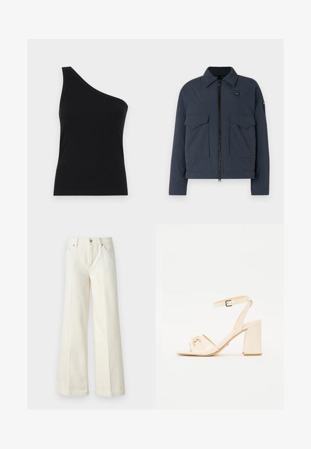 Svetlo modra jakna iz teksturirane tkanine, z zapiranjem na zadrgo, dvema sprednjima žepoma in stoječim ovratnikom z logotipom.; Črna rebrasta majica na enem ramenu s prilegajočim dizajnom in mehkobo. Ima čist, minimalen kroj in gladek izrez.; Široke bele kavbojke so narejene iz mešanice bombaža. Imajo zadrgo, pet žepov in šive vzdolž šivov.; Bež sandale iz lakirane kože s kvadratnim nožnim prstom, dvema prednjima trakama, trakami za gležnje s kopčo in blok peto.
