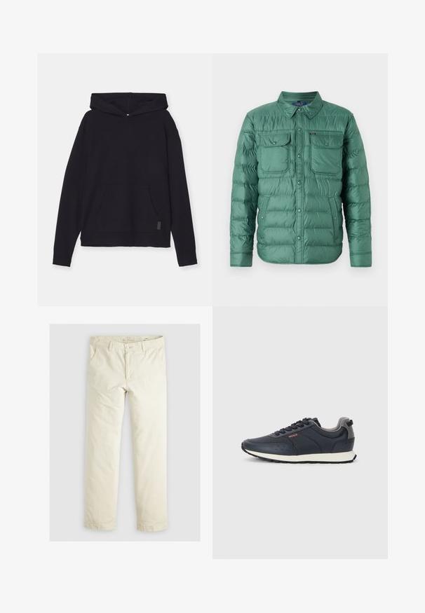 Grüne Puffy-Jacke mit knöpfbarem Vorderteil, zwei Brusttaschen und Seitentaschen. Verfügt über ein gestepptes Design und einen Reverskragen.; Schwarzer Kapuzenpullover aus weichem Stoff. Verfügt über eine Fronttasche, raglanförmige Schultern und gerippte Bündchen. Einfaches, lässiges Design.; Helle beigefarbene, lässig geschnittene Hose mit drei Taschen, Gürtelschlaufen und geradem Bein. Hergestellt aus einem weichen Baumwoll-Mix.; Marineblaue Sneakers mit einem glatten synthetischen Obermaterial, runder Zehenpartie, grauen Akzenten, Schnürdesign und einer weißen Zwischensohle mit einer strukturierten schwarzen Laufsohle.