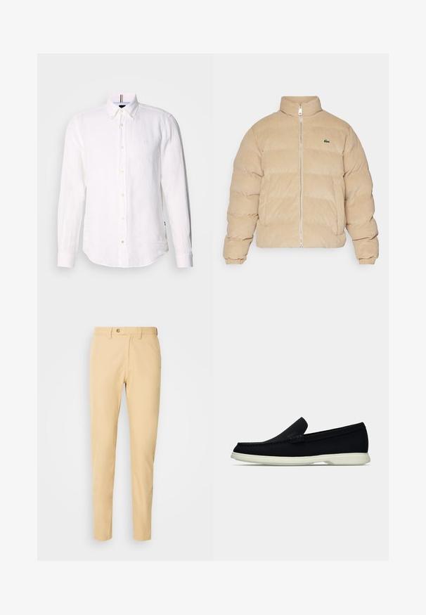 Bež puffer jakna iz kordure z visokim ovratnikom, zadrgo in rebrastimi manšetami. Ima qaširano vzorčenje in majhno izvezeno logotip.; Bela lanu srajca z dolgimi rokavi, z gumbasto zaponko spredaj in subtilnim logotipom na prsih. Ima oblikovano ovratnico in ukrivljen rob.; Bež hlače iz bombaža s ravnim krojem, z gumbom za zapiranje, z zankami za pas in stranskimi žepi. Gladka tekstura, brez vzorcev.; Črne slip-on čevlje z zaobljenim nosom, ki imajo strukturirano zgornji del, gladek bel podplat in subtilen logotip na strani.