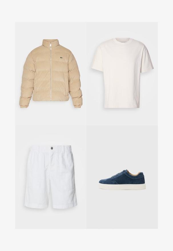 Béžová kordurová puffová bunda s vysokým golierom, zipsovým uzáverom a rebrovanými manžetami. Disponuje prešívaným vzorom a malým vyšívaným logom.; Krémové bavlnené tričko s okrúhlym výstrihom. Krátke rukávy a voľný strih. Na výstrihu sa nachádza malé logo. Hladká textúra.; Biele ľanové šortky s elastickým pásom a kovovým gombíkom. Obsahujú dve bočné vrecká a sú navrhnuté v uvoľnenom strihu.; Modré semišové tenisky s bielou gumovou podrážkou, šnurovací dizajn, okrúhla špička a kontrastný hnedý interiér. Jemné detaily prešívania.