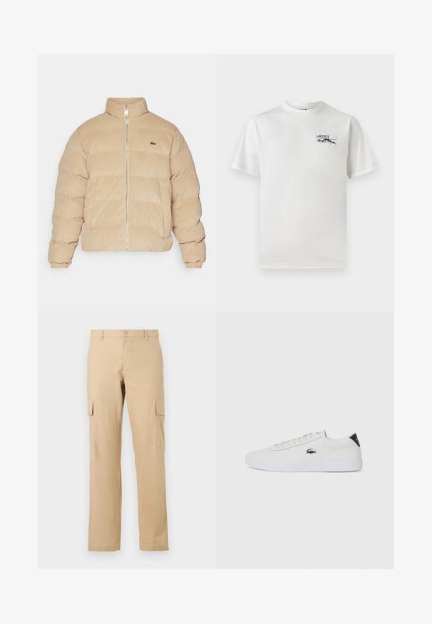 Beige corduroy puffer jack met een hoge kraag, ritssluiting en geribde manchetten. Beschikt over een gestikt patroon en een klein geborduurd logo.; Witte katoenen T-shirt met een ronde hals, korte mouwen en een klein geborduurd logo met bergen en tekst op de linkerborst.; Beige cargobroek van katoen met een rechte snit, voorzien van zijzakken en een knoopsluiting in de taille. Glad materiaal, geen patronen.; Witte leren sneaker met ronde neus, vetersluiting aan de voorkant en zwarte hakaccent. Beschikt over een klein geborduurd krokodillenlogo aan de zijkant.