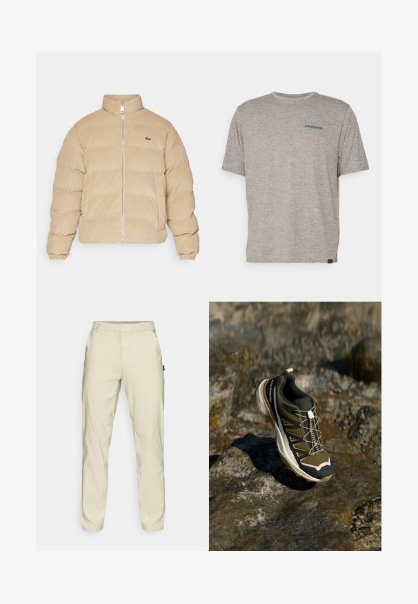 Beige corduroy puffer jack met een hoge kraag, ritssluiting en geribde manchetten. Beschikt over een gestikt patroon en een klein geborduurd logo.; Grijze T-shirt met korte mouwen, gemaakt van zachte, gestructureerde stof, met een klein blauw Patagonia-logo op de linkerkant van de borst. Geen extra patronen.; Oakley TERRAIN PANT - Broek - silver sage/white; Wandelshoe in olijfgroen en zwart met roze accenten. Beschikt over een gestructureerd bovenwerk, flexibele zool, versterkte neuzen, en een kleurrijk vetersysteem.