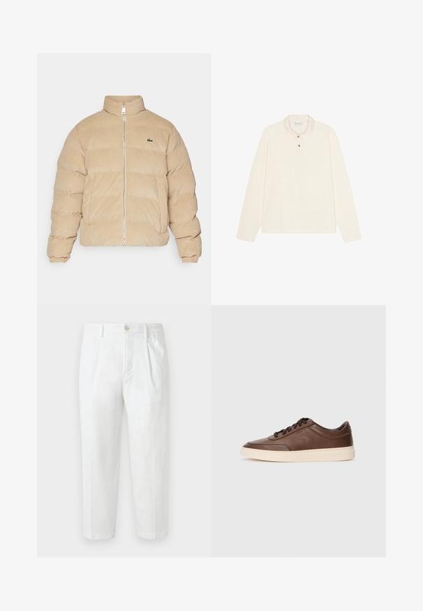 Beige corduroy puffer jacket with a high collar, zip closure, and ribbed cuffs. Features quilted pattern and a small embroidered logo.; Long-sleeve polo shirt in cream, featuring a flat collar, three-button placket with gold-tone buttons, and a soft, textured fabric.; White cotton trousers with a straight cut, featuring a button closure, pleated front, and rolled hems. Smooth texture with no visible patterns.; Brown leather sneakers with a smooth finish, round toe, and cream rubber sole. Features black laces and subtle branding on the side.