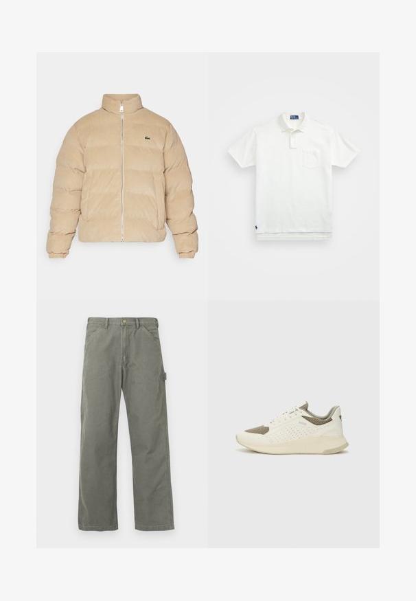 Beżowa kurtka puchowa z korduroy, z wysokim kołnierzem, zapięciem na zamek i prążkowanymi mankietami. Posiada pikowany wzór oraz małe haftowane logo.; Biała koszulka polo wykonana z bawełny, z klasycznym kołnierzykiem, trzema guzikami oraz kieszonką na lewym piersi; małe logo na dolnym brzegu.; Spodnie cargo w oliwkowym kolorze, wykonane z mieszanki bawełny. Charakteryzują się prostą nogawką, boczną kieszenią cargo oraz zapięciem na metalowy guzik.; Białe i jasnobeżowe sneakersy sportowe, z siateczkową cholewką, perforowanymi detalami oraz teksturowaną podeszwą śródstopia z brandingiem na pięcie.