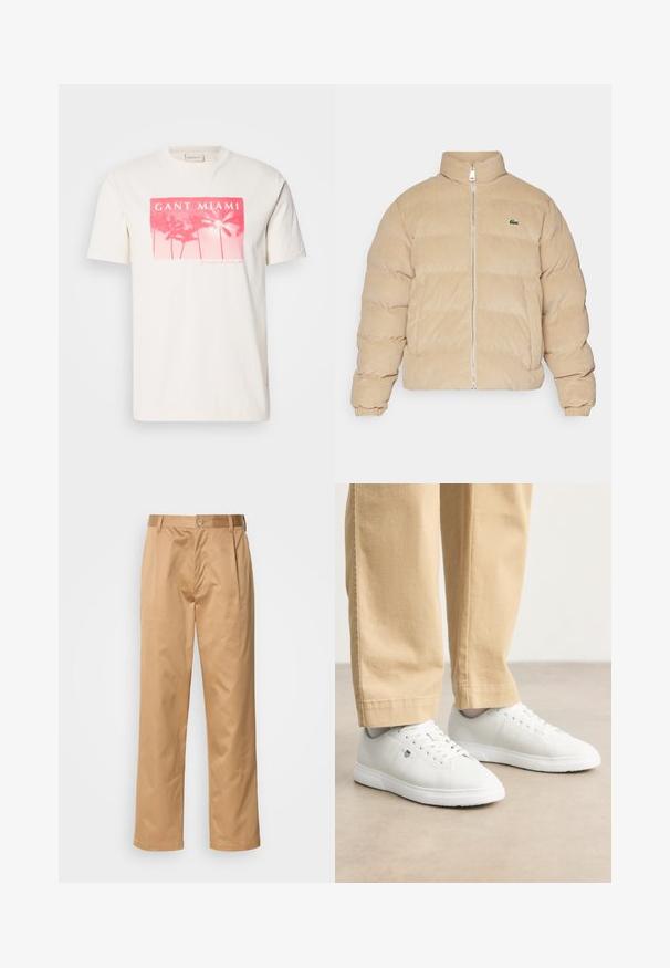 Beigā krāsā corduroy pūkainā jaka ar augstu apkakli, rāvējslēdzēju un ribotām piedurknēm. Iespējots izšūts raksts un neliels izšūts logo.; Balta kokvilnas T-krekls ar rozā grafisko apdruku, kurā attēloti palmu koki un teksts "GANT MIAMI". Īsas piedurknes un apaļa kakla dizains.; Khaķi bikses, kokvilnas maisījums, taisna kāja, priekšējās krokas, jostas cilpas un pogu aizdare. Gluda tekstūra bez rakstiem.; Baltas ādas sporta apavi ar gludu virsmu, apaļo purngalu, auklīnēm un smalku logotipa detaļu sānos, kombinēti ar bēšām biksēm.