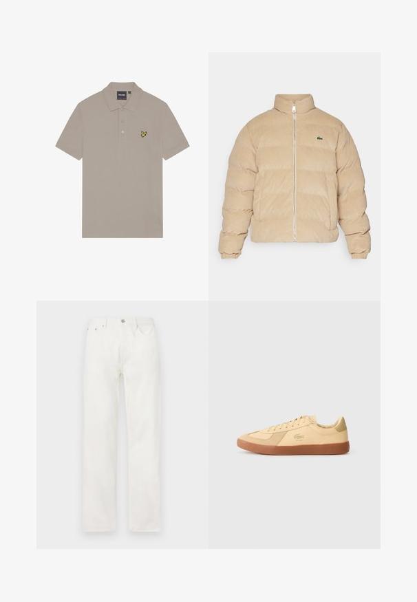 Veste matelassée en velours côtelé beige avec un col montant, fermeture éclair et poignets côtelés. Présente un motif matelassé et un petit logo brodé.; Polo beige en coton, avec une patte de boutonnage à trois boutons et un petit logo de bird brodé en jaune sur la poitrine gauche.; Jean en denim blanc avec une coupe droite, fermeture à bouton et à glissière, conception à cinq poches, sans motifs ou accents visibles.; Baskets Lacoste en cuir jaune pâle, dotées d'une semelle en caoutchouc beige, d'un système de laçage et du logo emblématique. Accents en daim sur le bout et le talon.