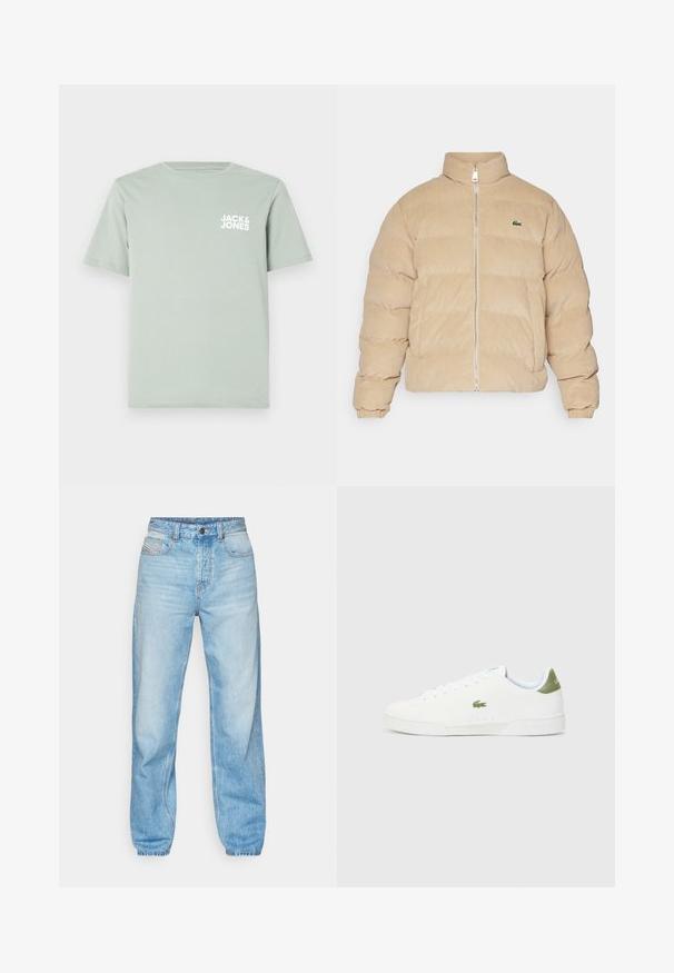 Beigā krāsā corduroy pūkainā jaka ar augstu apkakli, rāvējslēdzēju un ribotām piedurknēm. Iespējots izšūts raksts un neliels izšūts logo.; Gaiši zaļa kokvilnas T-kreklu ar apaļu kakla izgriezumu un īsām piedurknēm. Uz kreisās krūts ir prints ar baltu logotipu "JACK & JONES".; Gaiši zili džinsi, kas izgatavoti no denima, ar taisnu griezumu, piecu kabatu dizainu un redzamu pogu aizdari ar kontrastējošiem diegiem.; Baltas sporta apavi ar gludu virsmu, ar zaļu akcentu uz papēža un mazu izšūtu krokodila logo sānos.
