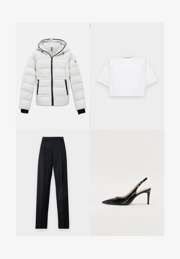 Giacca imbottita grigia chiara con cappuccio, zip nera, tasche con cerniera e polsini aderenti su sfondo bianco.; T-shirt bianca cropped realizzata in tessuto morbido, con maniche corte, scollo rotondo e dettagli a costine sull'orlo. Design semplice e senza fronzoli.; Pantaloni neri realizzati in tessuto morbido, caratterizzati da vita alta, gambe larghe, pince frontali e classiche passanti per cintura. Non ci sono tasche laterali visibili.; Pumps slingback in pelle verniciata nera con punta affilata, tacco sottile e un design con ritagli delicati. Caratterizzate da una fibbia dorata sul cinturino.