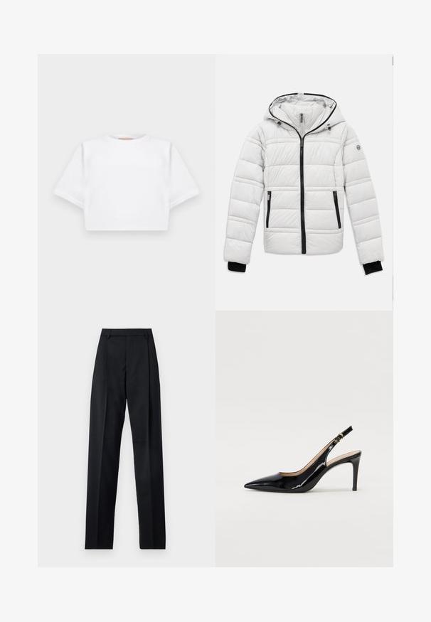 Light gray padded hooded jacket with black zipper, zippered pockets, and fitted cuffs on white background.; Cropped white t-shirt made of soft fabric, featuring short sleeves, a round neckline, and ribbed hem details. Simple and unembellished design.; Black trousers made from smooth fabric featuring a high waist, wide legs, front pleats, and classic belt loops. No side pockets visible.; Black patent leather slingback pump with pointed toe, slim heel, and a subtle cutout design. Features a gold buckle on the strap.