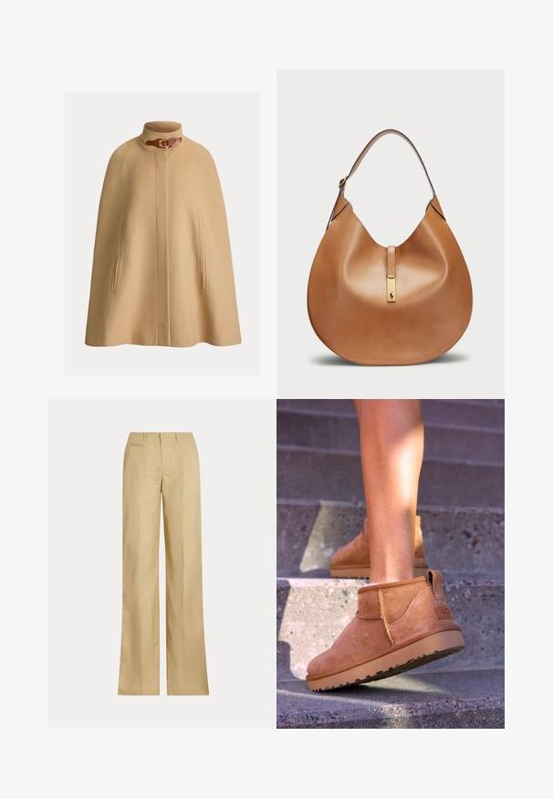 Beige Wollcape mit hochgeschlossenem Kragen, Schnallendetails und zwei Seitenfächern. Glatte Textur und gerader, knielanger Schnitt.; Weißer Strickpullover mit geripptem Saum und Bündchen, ausgestattet mit einem umgeschlagenen Kragen und Raglanärmeln, aus weichem, strukturiertem Stoff hergestellt.; Beige weit geschnittene Hose aus glattem Baumwollstoff, mit einem klassischen Bund und einer Gesäßtasche, gerader Schnitt und minimalistischem Design.; Beige Wildleder-Ankelstiefel mit weicher Textur, gesteppten Details und einer Gummisohle, ausgestattet mit einer Schlaufe an der Ferse für einfaches An- und Ausziehen.; Taschenhandtasche aus braunem Leder mit geschwungener Form und breitem Schultergurt. Sie verfügt über einen goldenen Metallakzent in der Mitte und eine glatte Textur.