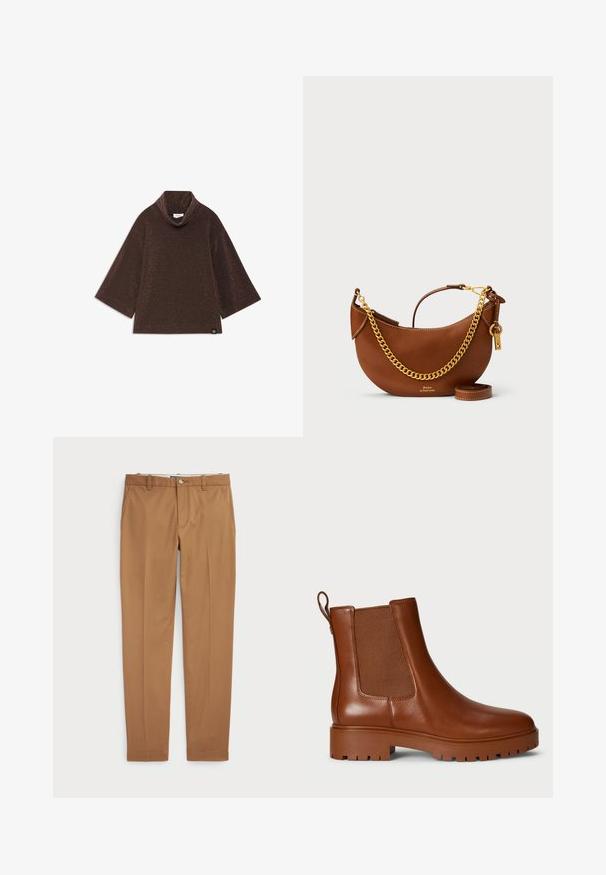 Cape en laine beige avec un col haut, détail de boucle et deux poches latérales. Texture lisse et coupe droite, longueur genoux.; Haut en tricot scintillant bronze avec un col drapé et de larges manches trois-quarts. Étiquette située dans le coin inférieur gauche.; Pantalons en coton marron au design ajusté, devant plat et poches standard ; texture lisse et ourlets finis.; Bottines en cuir marron avec des panneaux élastiques sur les côtés, une languette de tirage et une semelle à design robuste. Texture lisse avec une silhouette élégante.; Sac à main en cuir brun avec un design courbé, une chaîne dorée, une poche intérieure et une bandoulière amovible. Présente des coutures contrastantes.