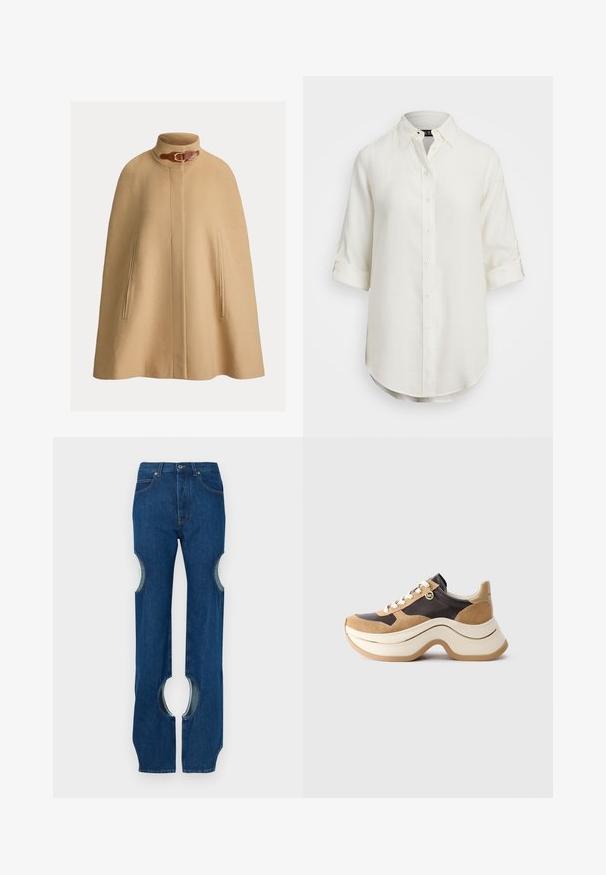 Beežist villakappa kõrge kraega, kinnituse detailide ja kahe küljetaskuga. Sile tekstuur ja sirge, põlvepikkune lõige.; Valge linane särk nupuga, lühikeste kergete varrukatega, krae ja ümar hem. Omab heledat tooni nuppe.; Tumesinised teksapüksid, millel on reite välimisel küljel lõigatud detailid, sirge sääremustriga ja õmbluste ääres kontrastne tikkimine.; Kruusaga tossud beežis ja tumeses pruunis, koos nahkdetailide, valgete paelte ning väikese kuldse MK ripatsiga küljes.