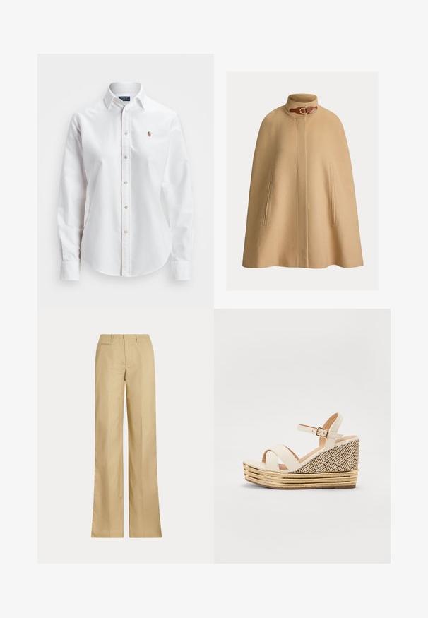 Bežna volnena kapa z visokim ovratnikom, podrobnostjo s sponko in dvema stranskima žepoma. Gladka tekstura in ravna, do kolen segajoča kroja.; Bela dolga majica s kravatami iz bombaža, ki ima klasičen ovratnik in majhen vezen logotip na prsih.; Bež hlače širokega kroja iz gladkega bombaža, z klasičnim pasom in zadnjim žepom, ravnim krojem in minimalnimi detajli.; Sandali na peto s kremastim tekstilnim gornjim delom, nastavljivim trakom za gležnje in teksturiranim tkanim peto z zlatimi poudarki in večplastnim slamo.