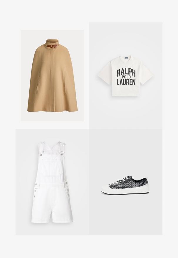 Beige wool cape with a high collar, buckle detail, and two side pockets. Smooth texture and straight, knee-length cut.; Cropped white cotton t-shirt featuring bold black text "RALPH" above "POLO LAUREN". Short sleeves, round neckline, simple design.; White denim overalls with adjustable straps, front pocket, and button accents on sides. Features short legs and a clean, smooth texture.; Black and gray patterned sneakers with a white rubber toe cap, featuring a lace-up design and textured black accents on the sides.