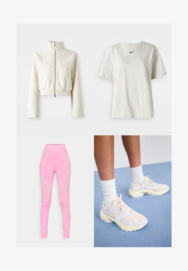 Pjautas kreminės spalvos fliso džemperis su aukštu apykakle, priekiniais užtrauktukais, guliantys kraštais ir subtiliu logotipu ant krūtinės; lygus paviršius ir šiuolaikinis dizainas.; Balta medvilnė marškinėliai su apvaliu kaklu ir trumpomis rankovėmis. Priekyje yra mažas juodas Nike logotipas. Paprastas ir nepuošnus dizainas.; Rožinės sportinės legginsai su aukštu liemeniu, turintys subtilių bangų raštų ir taškų akcentų palei šonus. Minkšta, elastinga medžiaga.; Išvaizdūs sportiniai bateliai šviesiai geltonos ir baltos spalvų, pagaminti iš tinklinės ir sintetinių medžiagų, apvalios formos ir su tekstūruotais padais.