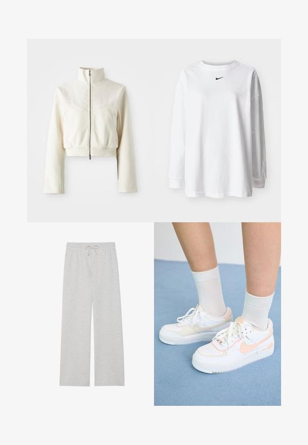 Lühendatud kreemjas fliisist jakki kõrge kraega, ees luku ja ribaga äärisega, ning rinna peal diskreetne logo; sile tekstuur ja kaasaegne disain.; Valge pikka varrukaga T-särk, valmistatud puuvillast, ümarate kaelustega ja rinnal väikese musta Nike logo jaoks. Lihtne disain, mugav lõige.; Heledad hallhalli pehmes puuvillaseguses, millel on lai jalgade disain, elastne vöökoht reguleeritava nööriga ja ilma taskuteta.; Valged tossud virsiku aktsentidega, siledast nahast ülemine osa, perforatsiooni mustri pool, tekstureeritud talla ja paeltega. Kantud valgete lühikeste sokkidega sinisel pinnal.