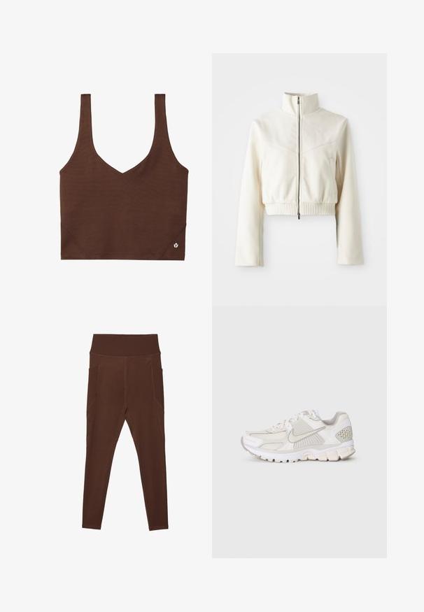 Kratināta krēmkrāsas futbola jaka ar augstu apkakli, priekšējo rāvējslēdzēju, ribotu apakšmalu un diskretu logotipu uz krūtīm; gluda tekstūra un mūsdienīgs dizains.; Brūns sporta krūšturis ar V-veida kakla izgriezumu, izgatavots no gludas, elastīgas auduma. Tam ir platās siksnas un mazs logo akcents pie apakšmalas.; Brūnas legingi, izgatavoti no elastīga materiāla, ar ribotu augsto jostasvietu un sānu kabatām. Iespējams, ka tie ir ar plakanšuvēm, kas nodrošina papildu izturību.; Biežņu sporta apavi ar sietu un sintētiskām materiālām. Piedāvā teksturētu dizainu, mīkstu apkakli un ģeometriskus akcentus uz papēža.