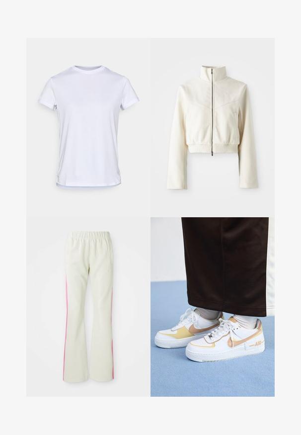 Gekürzte Creme-Fleecejacke mit hohem Kragen, Frontreißverschluss, geripptem Saum und dezentem Logo auf der Brust; glatte Textur und modernes Design.; Weißes T-Shirt mit Rundhalsausschnitt aus leichtem Stoff. Kurze Ärmel, glatte Textur, mit geradem Saum und ohne sichtbare Logos oder Muster.; Helle beige Hosen mit einem elastischen Bund, ausgestattet mit pinken seitlichen Einsätzen und seitlichen Taschen. Glatte Textur mit geradem Bein.; Weiße Ledersneaker mit goldenen Akzenten, ausgestattet mit einer durchbrochenen Zehenpartie, flachen Schnürsenkeln und einer dicken Gummisohle mit dem "AIR"-Logo an der Seite.