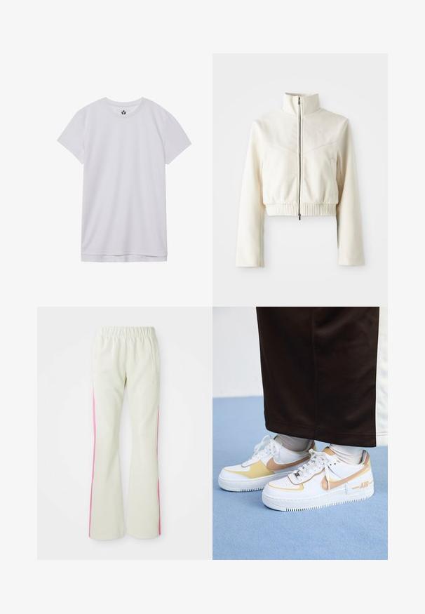 Jaqueta de fleece creme cortada, com colarinho alto, fecho frontal, bainha canelada e um logotipo subtil no peito; textura suave e design moderno.; T-shirt branco de manga curta com gola redonda. Feito de um tecido macio, apresenta uma bainha reta, costuras mínimas e um pequeno logótipo na gola.; Calças bege claras com uma cintura elástica, apresentando painéis laterais cor-de-rosa e bolsos laterais. Textura suave com um design de perna reta.; Ténis brancos em pele com detalhes dourados, apresentando uma biqueira perfurada, atacadores planos e uma sola de borracha espessa com o logótipo "AIR" na lateral.