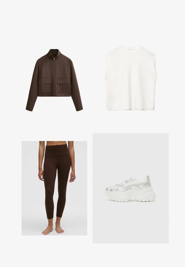 Giacca cropped marrone realizzata in tessuto morbido, con colletto alto, zip frontale e due grandi tasche a toppa sul davanti.; Top bianco senza maniche con vestibilità morbida, scollo rotondo, texture liscia e orlo dritto. Design semplice senza motivi o accessori.; Leggings marroni a vita alta con texture liscia, design aderente e orlo alla caviglia. Nessun motivo visibile o dettagli in metallo.; Sneaker argento con una tomaia in mesh testurizzato e accenti iridescenti, dotata di una suola bianca spessa e chiusura con lacci.