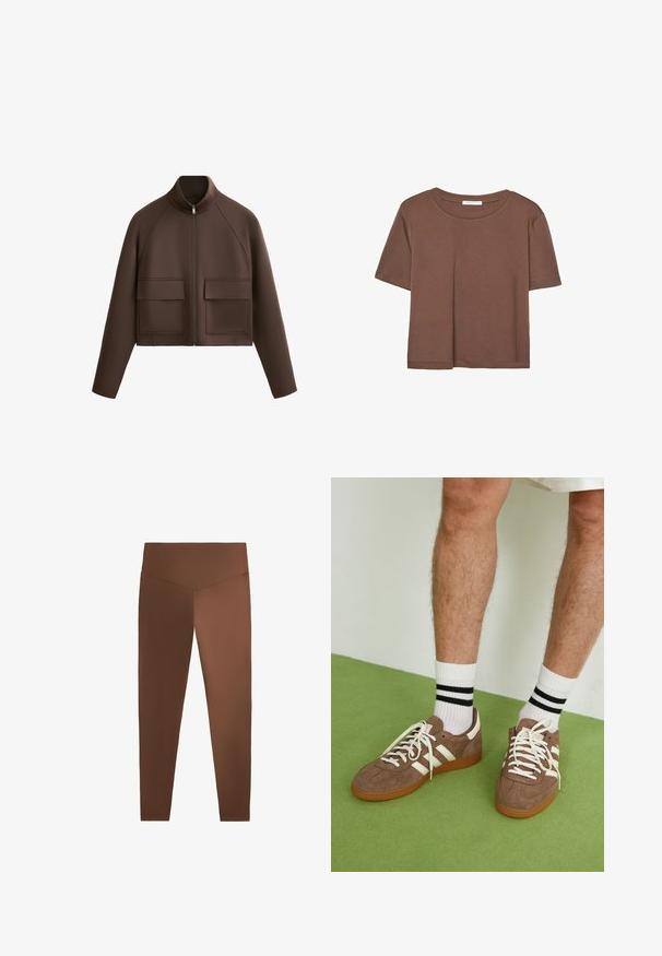 Brun cropped jakke lavet af glat stof, med høj krave, lynlås foran og to store påsyede lommer på forsiden.; Brun kortærmet t-shirt lavet af blødt stof, med rund halsudskæring og afslappet pasform. Ingen synlige mønstre eller detaljer.; Brune leggings med en glat tekstur, høj talje og tætsiddende ben, lavet af strækbart materiale. Ingen mønstre eller synligt hardware.; Brune ruskind sneakers med hvide detaljer og snørebånd. Gummisål i naturgummi. Båret med hvide sokker med sorte striber. Grøn struktureret gulv.